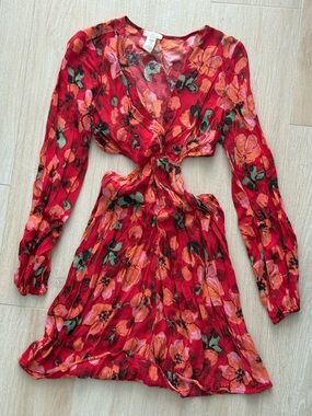 Red Floral Cut Out Waist Mini Dress - H&M